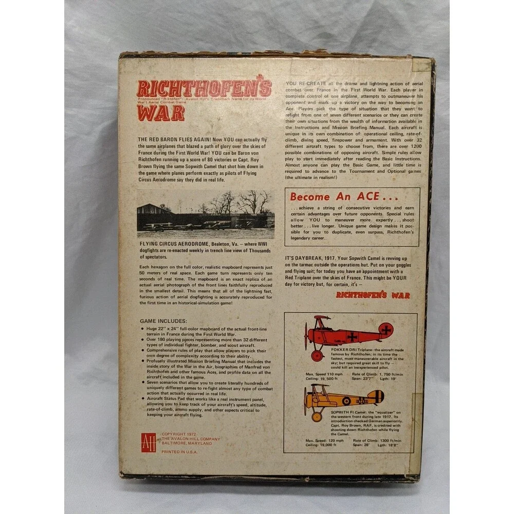 Vintage Avalon Hill Richthofens War The Air War 1916-1918 Bookcase Board Game